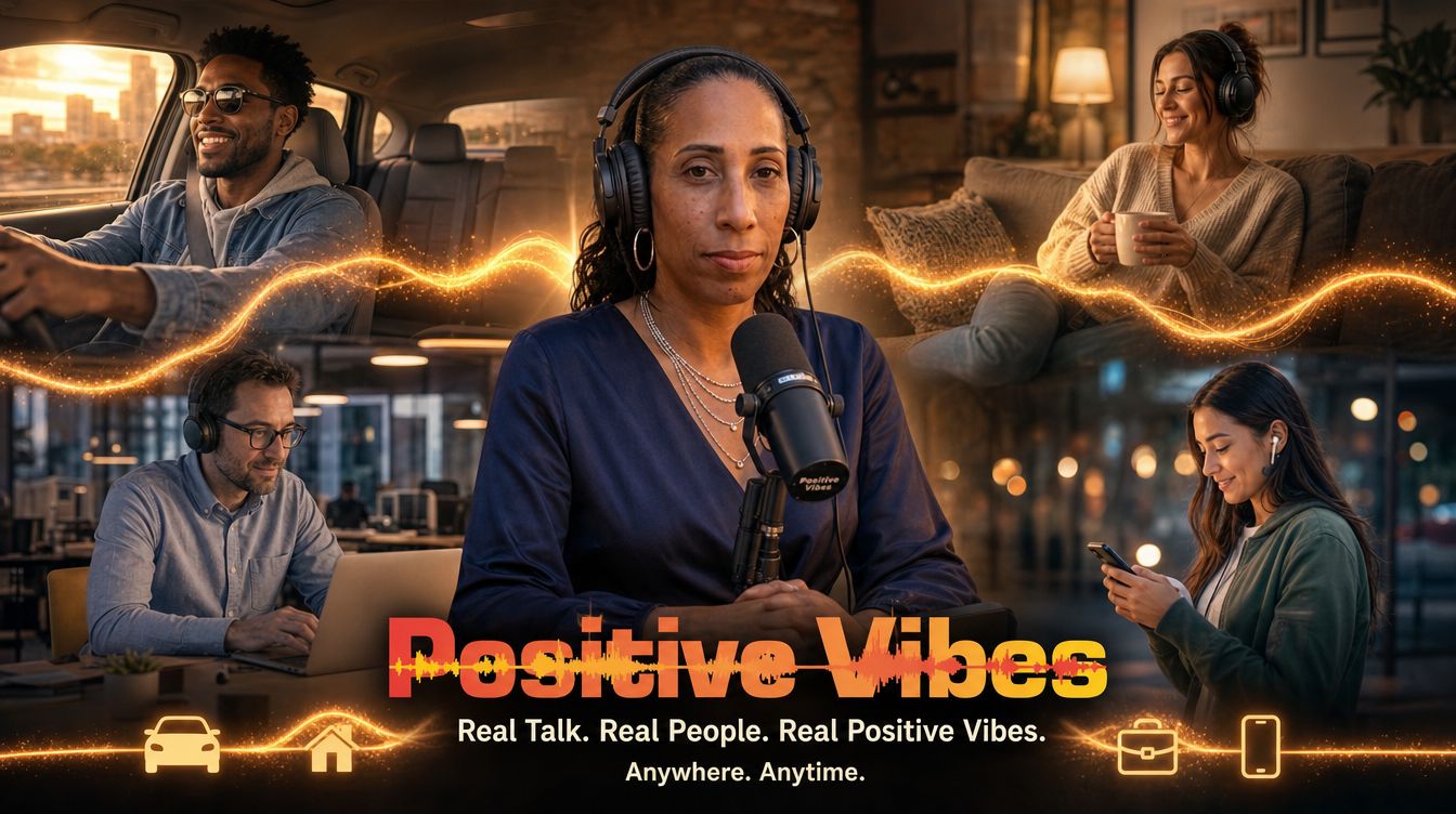 TrayLou on the mic, surrounded by listeners tuning in while driving, working, relaxing at home and walking with their phones. Real Talk. Real People. Real Positive Vibes.