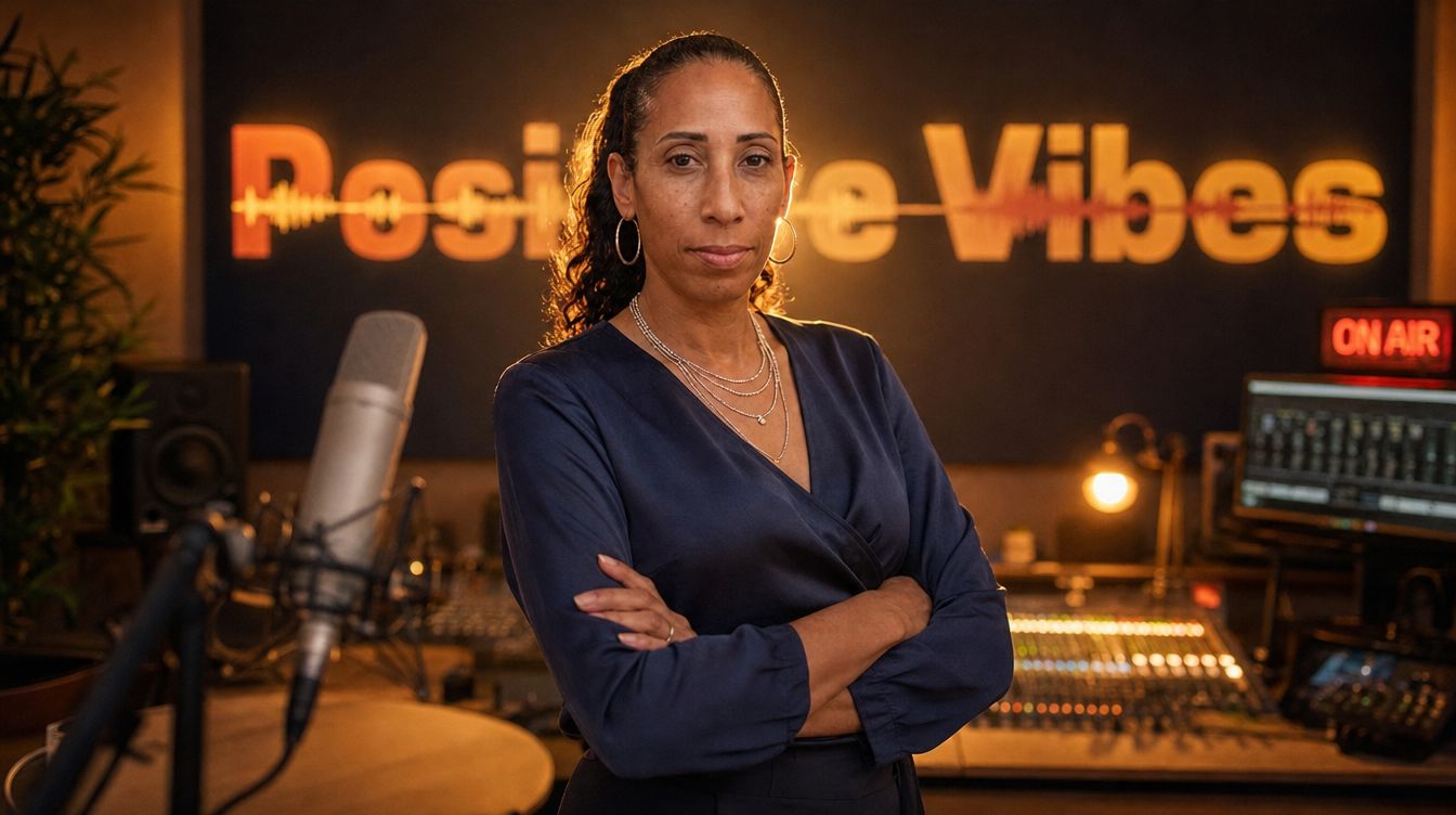 TrayLou in the Positive Vibes studio, arms crossed, in front of the glowing Positive Vibes sign